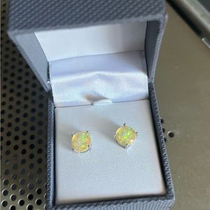 Sterling Silver Created Opal Round 4 Prong Stud Earrings